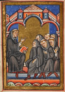 Miniatura di Cuthbert che insegna ai monaci nel monastero di Lindisfarne, dal Capitolo 16 della Vita in prosa di San Cuthbert di Beda