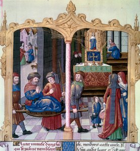Miracoli di San Luigi: il re Luigi IX (1214-1270) guarisce un paralitico. Miniatura da un manoscritto 