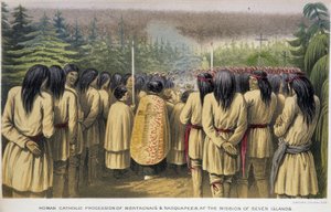 Missione delle Sette Isole: processione cattolica di Montagnais e Nasquapees alla Casa delle Sette Isole - in "Exploration of the Labrador Peninsula" di Hind, Londra