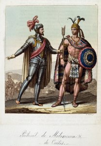 Montezuma II, re azteco, e Hernan (o Hernando) Cortes o Fernand Cortez (1485-1547), conquistador spagnolo - in "Il costume antico e moderno" di Ferrario, ed. Milano da Unknown artist