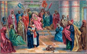 Mosè e Aronne contro il Faraone arrabbiato. Cromolitografia della fine del XIX secolo. da Unknown artist