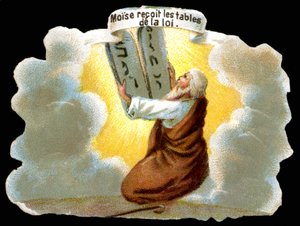 Mosè riceve le tavole della legge (10 comandamenti) - Cromolitografia da Unknown artist