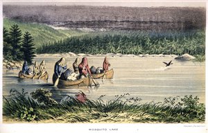 Lago Mosquito in Canada: indiani attraversano il lago in canoa con reti anti-zanzare sulla testa - in "Exploration of the Labrador Peninsula" di Hind, Londra da Unknown artist