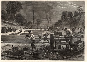 Moulage des bricques - Molding of bricks - incisione in 