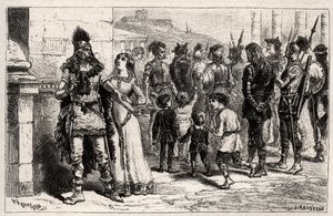 Commosso da questo triste spettacolo, Teodechilde o Tichilde (figlia di Teodorico I) (morta nel 534) chiede la vita e la libertà del prigioniero - incisione in "Le Donne Illustri di Francia" di Oscar Havard - 1886 da Unknown artist
