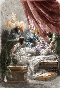 Omicidio di Galswinthe (Galsuinde) (ca. 545 - 567), regina dei Franchi in Neustria, moglie di Chilperico I (re dei Franchi). Incisione in “Storia della Francia in cento dipinti di Paul Lehugeur” 1891 da Unknown artist