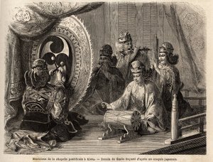 Musicisti della cappella pontificia a Kyoto (o Kioto), che suonano cinque strumenti sacri, flauto traverso e flauto di pan, conchiglia marina, timpani e kakdaiko, il gong originale. Incisione per illustrare il viaggio in Giappone nel 1863-1864, di Aime Hum da Unknown artist