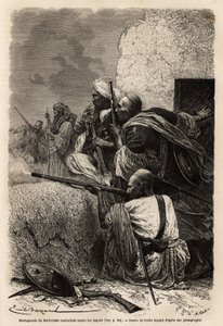 Montanari musulmani reinsediati nelle montagne di Svat, che combattono una spedizione inglese nel 1863 per fermare i saccheggi dei villaggi della regione. Incisione per illustrare la storia del Pandjab e del Kashmir, di Guillaume Lejean nel 1866, pubblicat da Unknown artist
