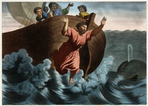 Nominato responsabile della tempesta che minacciava la nave, Giona suggerì di essere gettato in mare. Dio inviò un pesce che inghiottì il profeta. Incisione anonima della metà del XIX secolo.