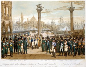 Napoleone I a Venezia il 29 novembre 1807 davanti alla marina italiana. Incisione del 1845 da Unknown artist