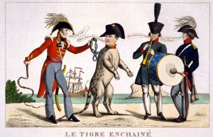 Napoleone I in una tigre incatenata tenuta da un ufficiale britannico con una frusta. Russia e Austria che suonano musica accanto. Caricatura del 1815
