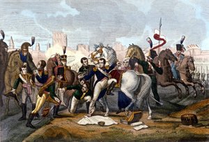 Napoleone I ferito davanti a Ratisbona il 23 aprile 1809. Incisione del XIX secolo da Unknown artist