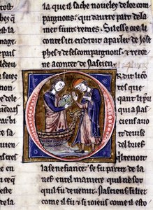Nascion riceve il libro (?). Manoscritto: Conquista del Santo Graal, scritto 717 anni dopo la passione del nostro Signore. Bibliothèque municipale de Rennes, ms. 255 (Collezione di romanzi della Tavola Rotonda); Parigi