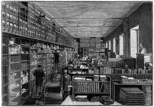Biblioteca Nazionale di Parigi: Ufficio del Catalogo. Al piano superiore ci sono le scatole delle opere teatrali. Incisione in "La Nature: revue des sciences et de leurs applications aux arts et a l
