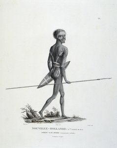 Nativo North-Gal-Derri del Nuovo Galles del Sud della Nuova Olanda che avanza per combattere - in "Viaggio di Scoperte nelle Terre del Sud" di Messrs. Lesueur e Peer da Unknown artist