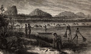 Vicino alle cascate del Rovuma (Mozambico), attività di pesca. Incisione per illustrare i primi viaggi del Dr. Livingstone in Africa meridionale dal 1840 al 1856, in 