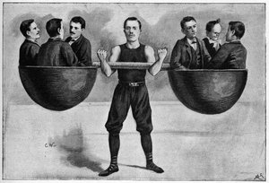 Nino giovane italiano di 24 anni al circo invernale che porta sei uomini nel suo braccio. Da una foto del 1898 da Unknown artist