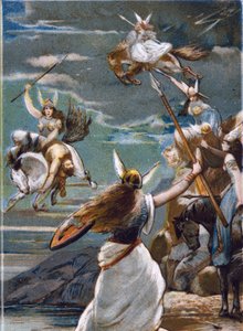 Mitologia nordica: Le Walkirie (vergini guerriere) in Valholl (o Walhalla, Valhalla, Valhalle: luogo dove vengono portati i guerrieri coraggiosi) e la caduta dei guerrieri in battaglia. Cromolitografia del XIX secolo da Unknown artist