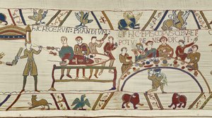 Servitori normanni preparano un banchetto per Guglielmo e il vescovo Odo benedice il pasto, Arazzo di Bayeux da Unknown artist