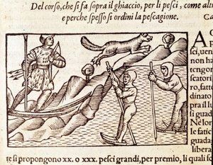 Cacciatori norvegesi che si muovono sugli sci. Incisione di Olaus Magnus (1490 - 1557), religioso e geografo svedese, "Historia de Gentis Septentrionalibus", Venezia da Unknown artist