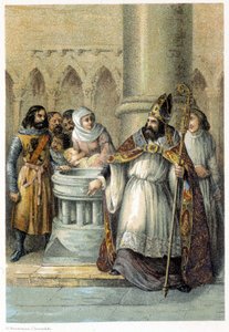 Notger (930 - 1008), vescovo di Liegi, durante il battesimo di Ottone III (980-1002), re di Germania. Cromolitografia del XIX secolo da Unknown artist