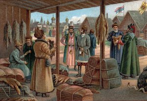 Antichi centri commerciali: Fiera delle pellicce a Novgorod, Russia nel XIX secolo. Cromolitografia della fine del XIX secolo. da Unknown artist