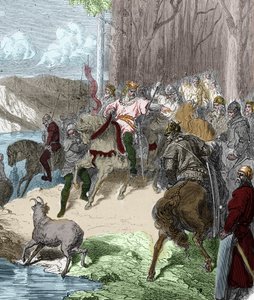 Alla vigilia della Battaglia di Vouille (507) Clodoveo I trova, seguendo una cerva, una gue sulla Vienna rivelata dai gigli. Porta il fiore come pegno di vittoria e poi lo prende come suo emblema. Incisione in "Histoire De France En Cent Paintings" di Paul da Unknown artist