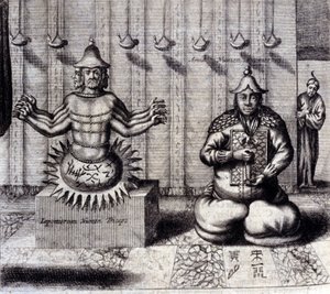 A sinistra, divinità indù con otto braccia, a destra Amida, Buddha giapponese. "De China Monumenta" di Athanasius Kircher, Amsterdam 1667 da Unknown artist
