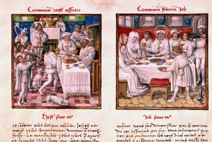 A sinistra la festa di Assuero I (Serse I). A destra, la festa dei figli di Giobbe da Unknown artist