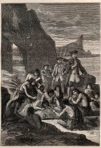 Uno di loro tagliava con i denti: il viceammiraglio John Byron (1723-1786) su una delle isole dello Stretto di Magellano - i Fuegini (abitanti della Terra del Fuoco) tagliano con i denti una balena che era stata strappata e pietrificata sulla spiaggia - il da Unknown artist