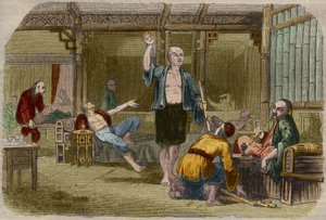 Fumatori di oppio in Cina a metà del XIX secolo. Incisione del 1857 in 