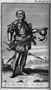 Ordini di Cavalleria. Cavaliere della Spada in Svezia nel XVI secolo. In "Storia degli ordini militari o cavalieri, delle milizie secolari e regolari di entrambi i sessi, che sono stati istituiti fino ad ora. Edizione tratta da Abate Giustiniani, R.P. Bona