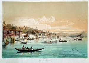 Impero Ottomano: veduta del Bosforo nei pressi di Bebek in Turchia Scene di pesca. Incisione del XIX secolo Parigi, Arti Decorative da Unknown artist