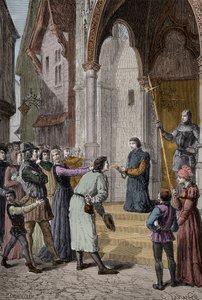 PERKIN WARBECK (c1474-1499) impostore fiammingo; professava di essere Riccardo, Duca di York, secondo figlio di Edoardo IV - Legge la sua confessione fuori dalla Westminster Hall, Londra da Unknown artist