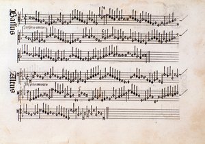 Pagina della partitura musicale di Harmonice Musices Odhecaton di Ottaviano Petrucci (1501) da Unknown artist