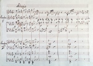 Pagina della sinfonia ridotta per due pianoforti e otto mani de Il flauto magico, opera di Mozart, versione di Lichtenthal (XIX secolo) da Unknown artist