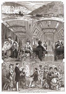 Vita nel vagone-palazzo sulla Ferrovia del Pacifico, incisione sd. XIX secolo
