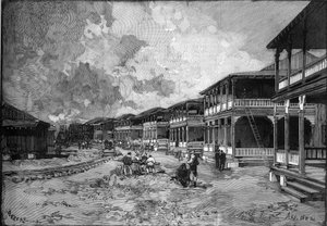 Canale di Panama. Strada della nuova città di Cristoforo Colombo a Colon: abitazioni dei lavoratori. Incisione in "Le Monde Illustré" da Unknown artist