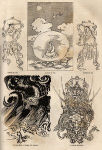 Pantheon delle divinità giapponesi, rappresentazione tradizionale di alcune figure tipiche: la regina del cielo affiancata da due guardie; il Maki Tats, drago del tifone e il capo delle armi. Incisione per illustrare il viaggio in Giappone nel 1863-1864, d da Unknown artist
