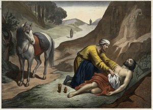 Parabola del Buon Samaritano: il Samaritano si ferma per soccorrere l