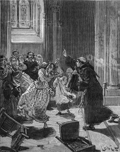 Parigi, Chiesa di Sainte Geneviève (1599): un monaco cappuccino tenta di esorcizzare una donna, Marta, che afferma di essere posseduta dal Diavolo. Incisione del XIX secolo. In 