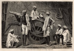 Contadini del Sindh (regione del Punjab, India), accanto alle loro macchine agricole. Incisione per illustrare il viaggio nel Punjab e Kashmir, racconto di Guillaume Lejean, nel 1866, pubblicato in "Le tour du monde, nouveau journal des voyages", sotto la  da Unknown artist