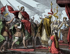 Pipino proclamato re dei Franchi - Incoronazione di Pipino il Breve (714-768), Basilica di Saint Denis, 28 luglio 754: Papa Stefano II lo consacra re dei Franchi e Patrizio dei Romani da Unknown artist