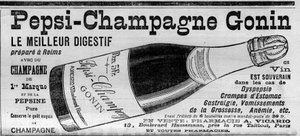 Pepsi Champagne Gonin (Pepsi-Champagne del marchio Gonin). Digestivo preparato a Reims con champagne e pepsina. Alcol consigliato in caso di dispepsia, crampi allo stomaco, gastralgia, vomito di gravidanza, anemia... (in vendita nelle farmacie). Incisione