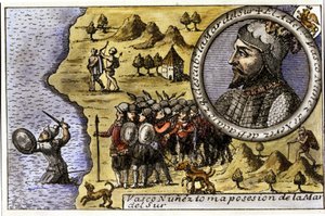 Impresa di Vasco Nunez de Balboa (1475 - 1517), navigatore spagnolo che fu uno dei primi a scoprire l
