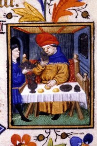 Rappresentazione del mese di gennaio. Un servitore mette il cibo sul tavolo del suo padrone. Miniatura di un manoscritto del XIV secolo. da Unknown artist