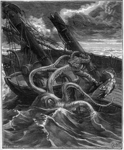 Avventure pericolose di Narciso Nicaise in Congo - di Armand Dubarry 1836-1910 - di fronte a lui un formidabile mostro marino (polpo gigante) - incisione in Journal des voyage de 1881