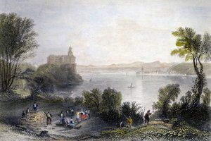 Castello di Persenberg in Germania. In primo piano, i falegnami al lavoro. Incisione del XIX secolo da Unknown artist
