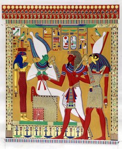 Faraone Merenptah I (o Mineptah, Merneptah) (1213-1204 a.C.) guidato da Horus in presenza di Osiride e Athyr infernale. Da sinistra: Athyr, Osiride, Merenptah I e Horus. (Biban-el-Moluk) - in “Monumenti dell