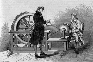 Esperimento di fisica nel XVIII secolo: bagliore prodotto da una macchina elettrica. (Da Abbe Nollet). Incisione in "La Nature: revue des sciences et de leurs applications aux arts et a l
